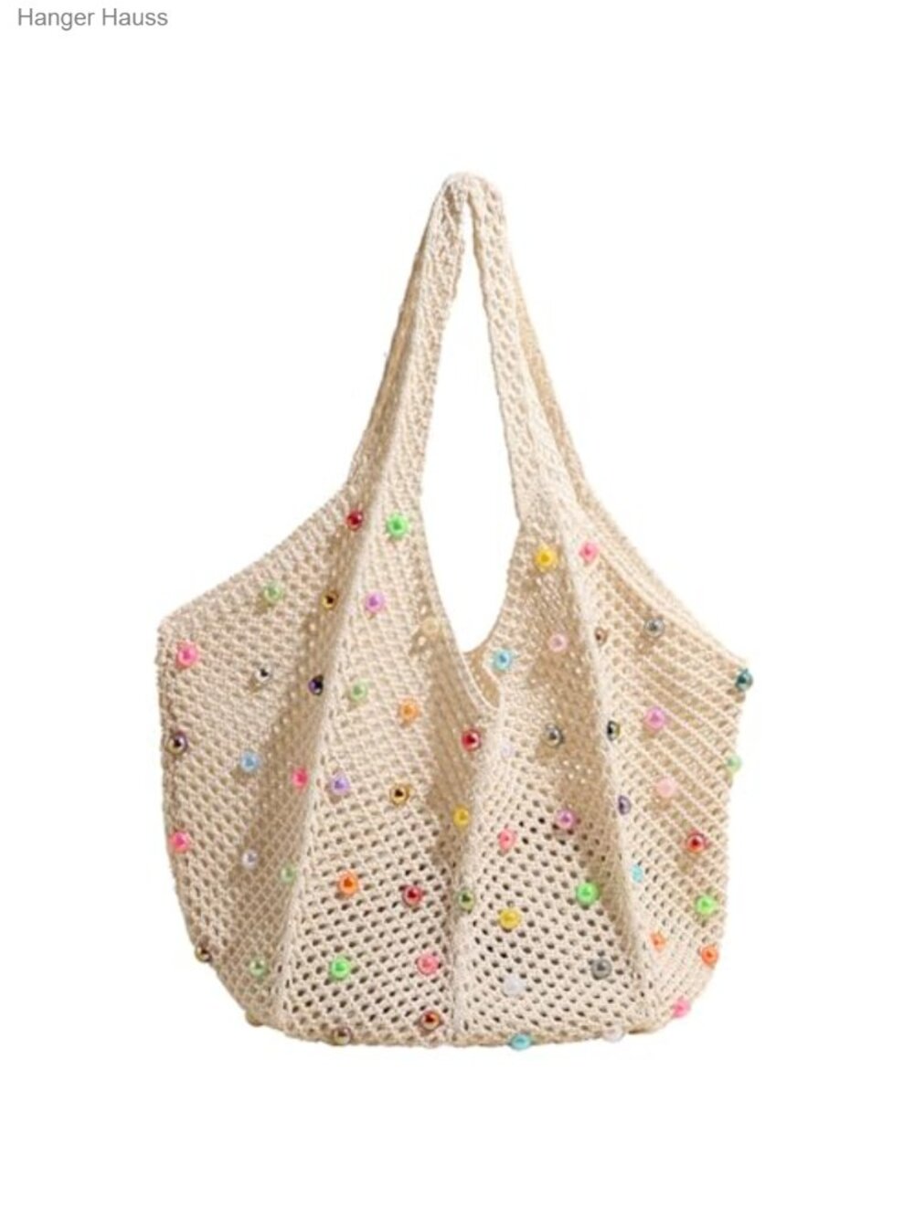 Boho Crochet Beach Tote Shoulder Bag with Colored Beads, Lightweight, Foldable